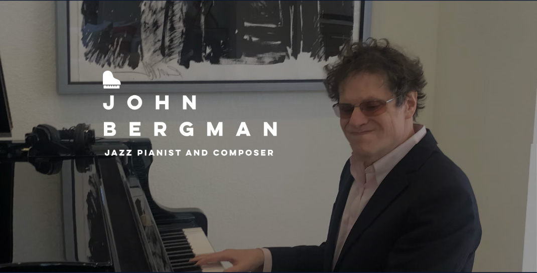 John Bergman, jazz pianist and composer, seated at his Steinway piano.